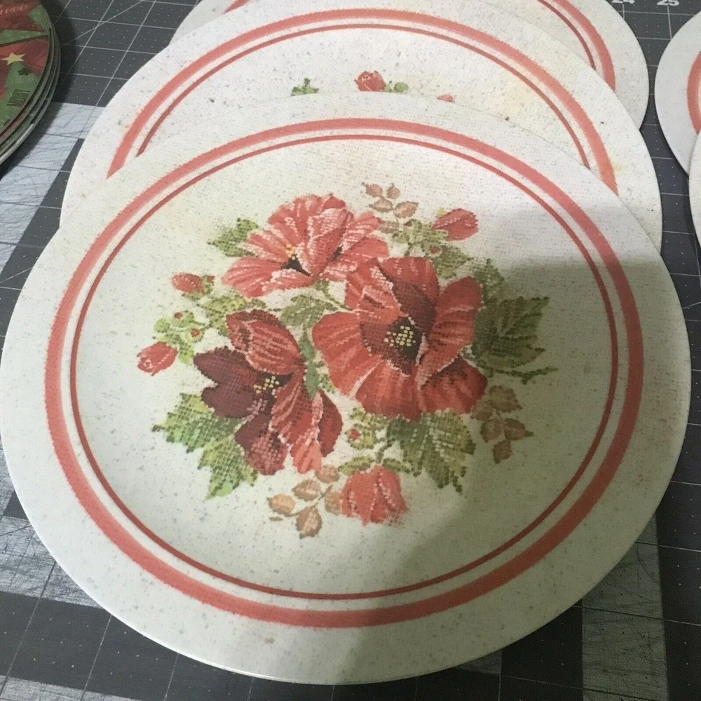 National Home Products Artisan Ware Melamine Red Floral Plate 10